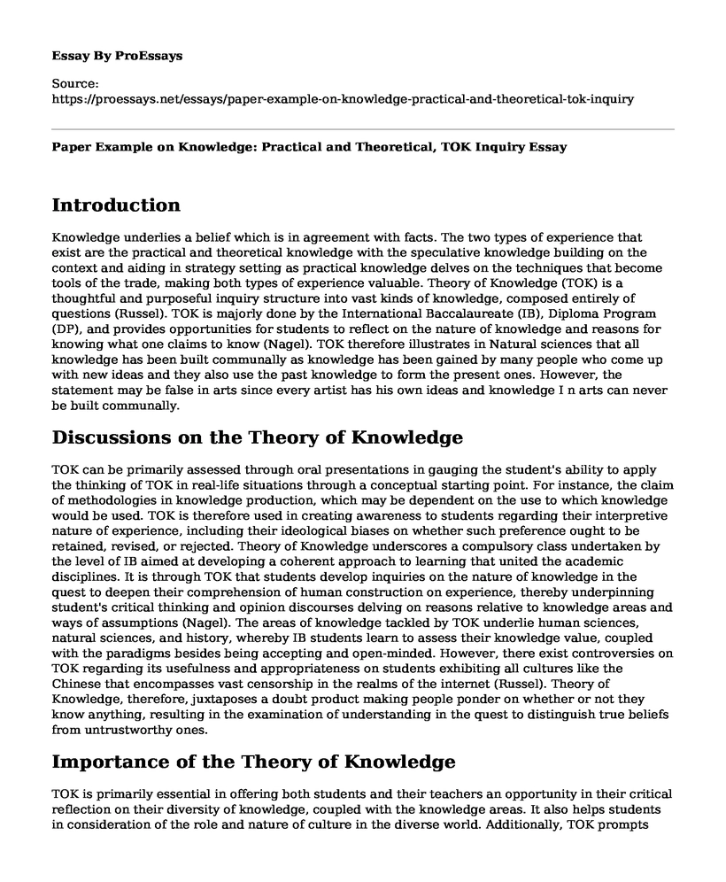 Paper Example on Knowledge: Practical and Theoretical, TOK Inquiry