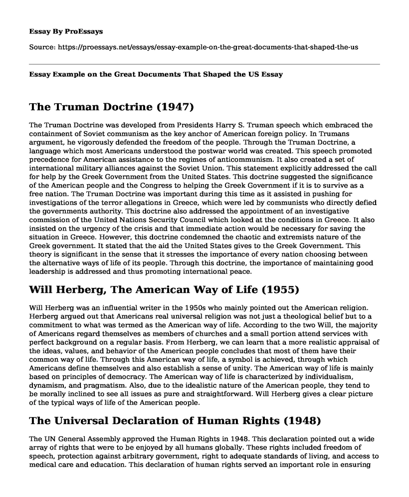 Essay Example on the Great Documents That Shaped the US