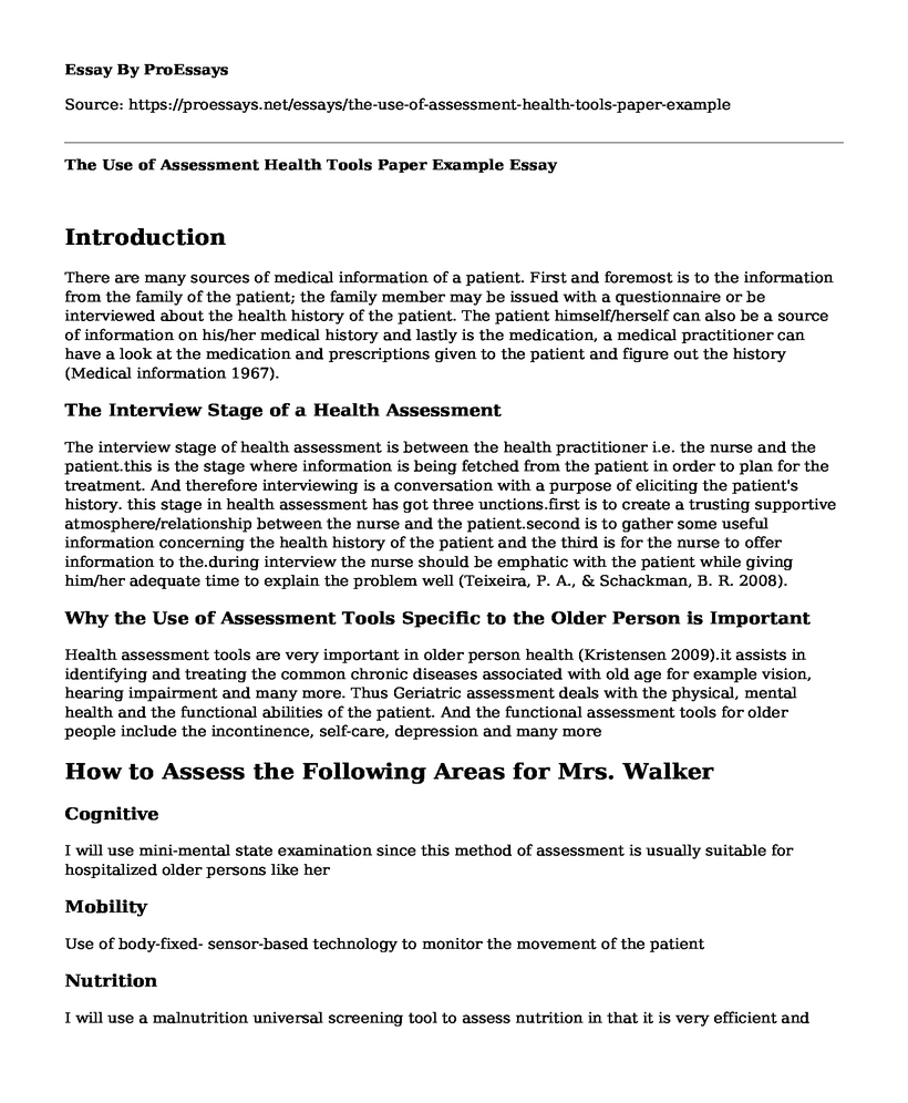 The Use of Assessment Health Tools Paper Example