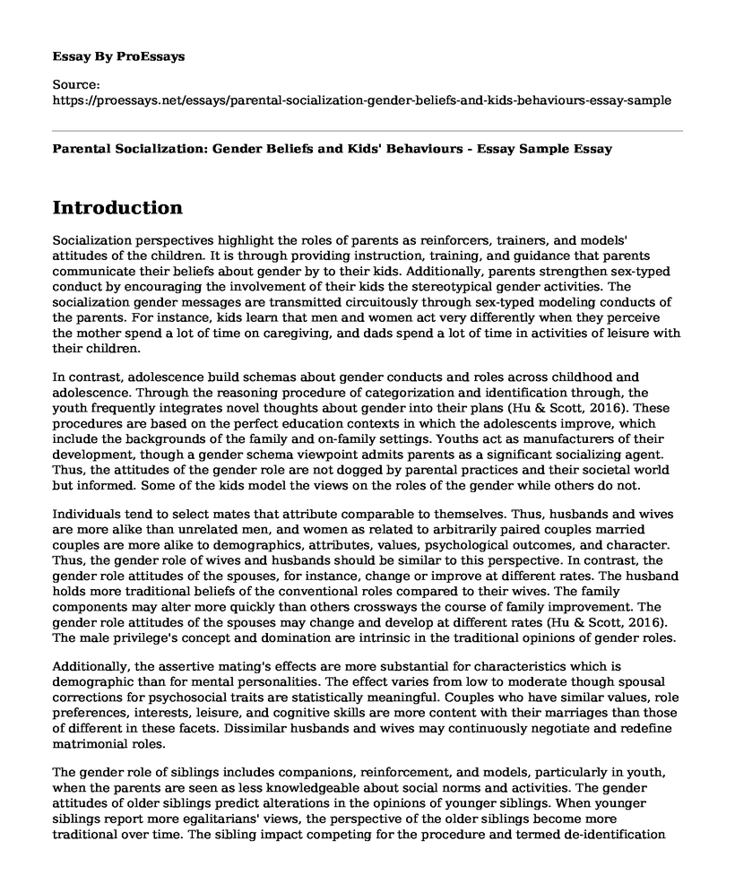 Parental Socialization: Gender Beliefs and Kids' Behaviours - Essay Sample