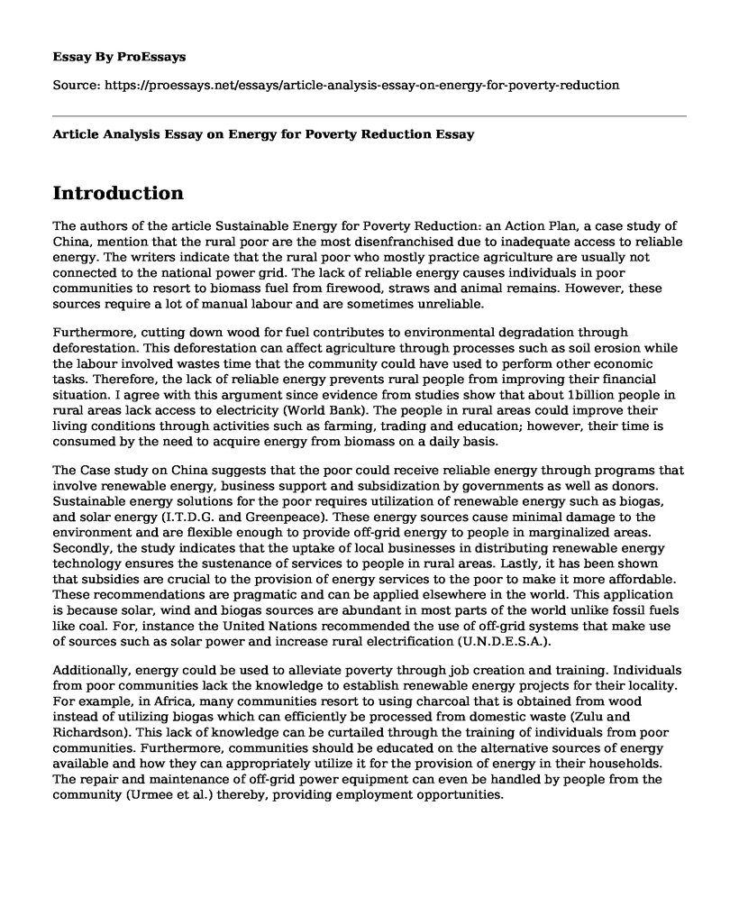 Article Analysis Essay on Energy for Poverty Reduction