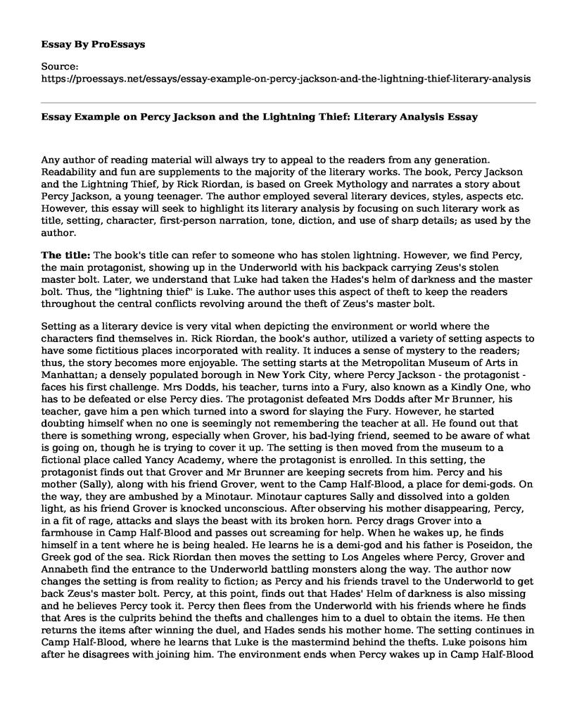 Essay Example on Percy Jackson and the Lightning Thief: Literary Analysis