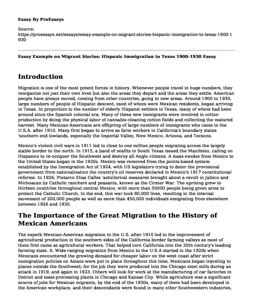 Essay Example on Migrant Stories: Hispanic Immigration to Texas 1900-1930