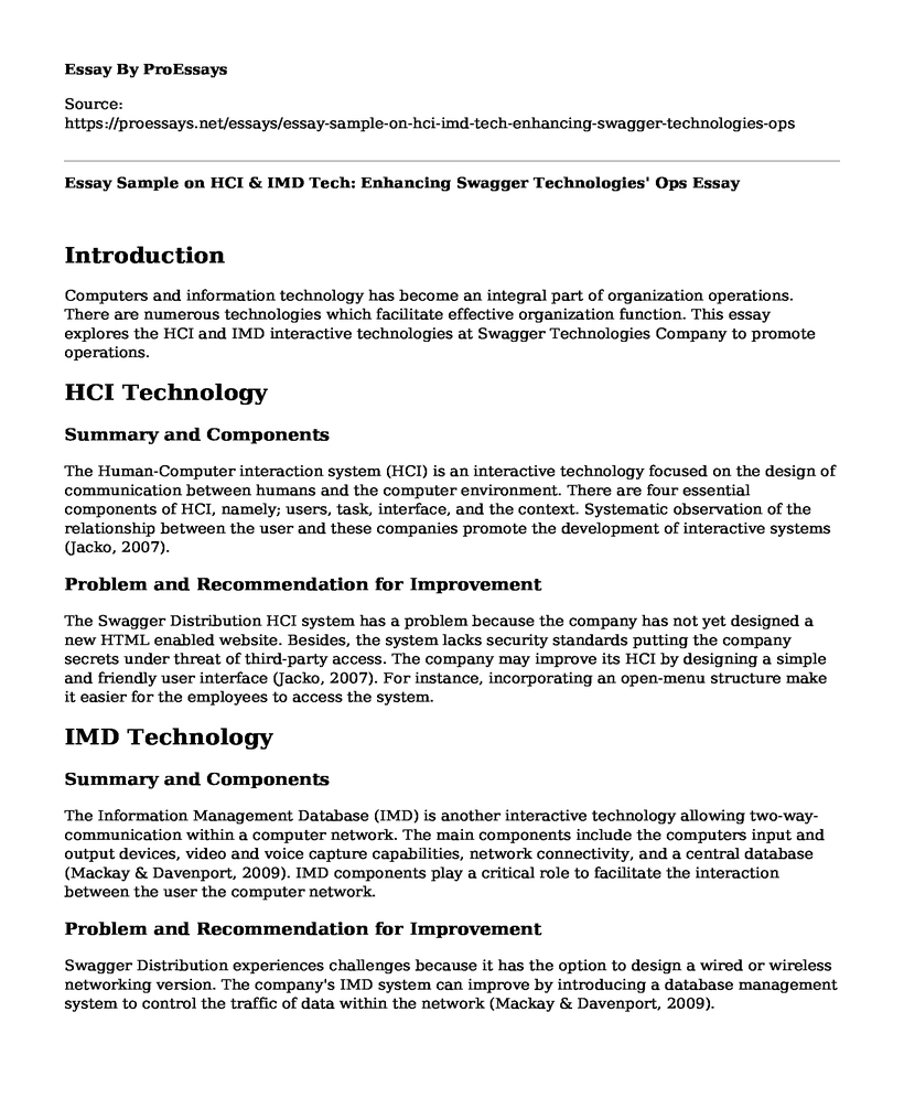 Essay Sample on HCI & IMD Tech: Enhancing Swagger Technologies' Ops