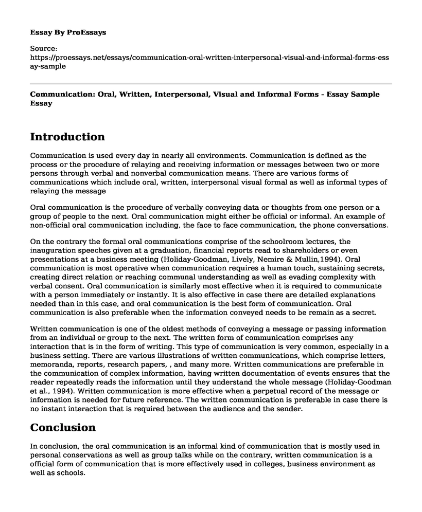 Communication: Oral, Written, Interpersonal, Visual and Informal Forms - Essay Sample
