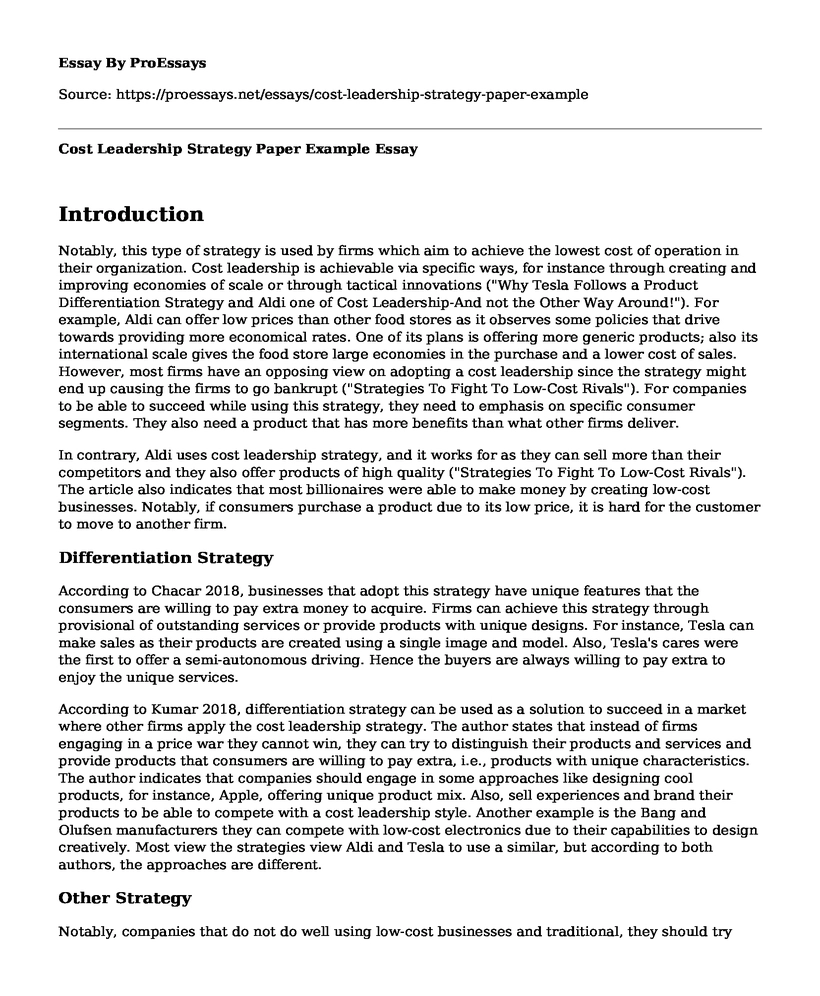 Cost Leadership Strategy Paper Example