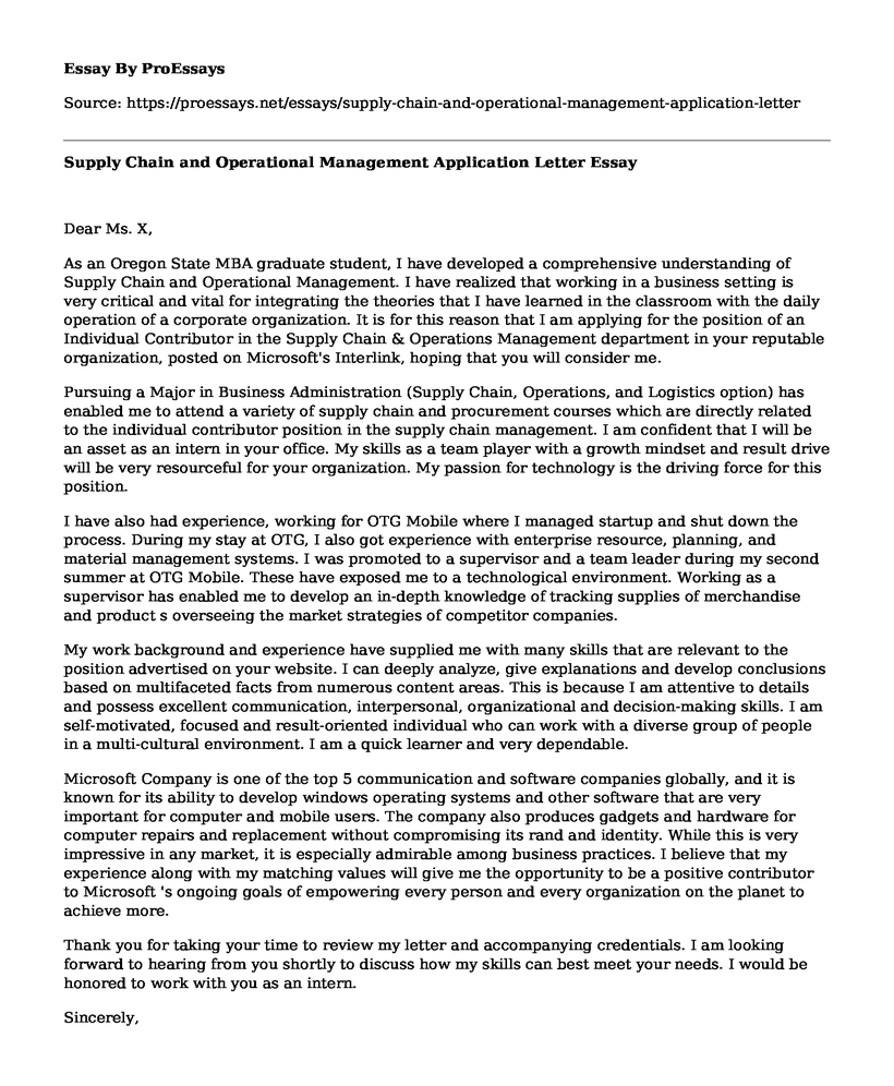 Supply Chain and Operational Management Application Letter