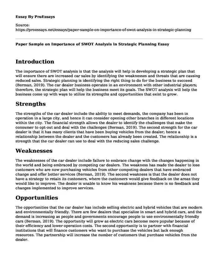 Paper Sample on Importance of SWOT Analysis in Strategic Planning