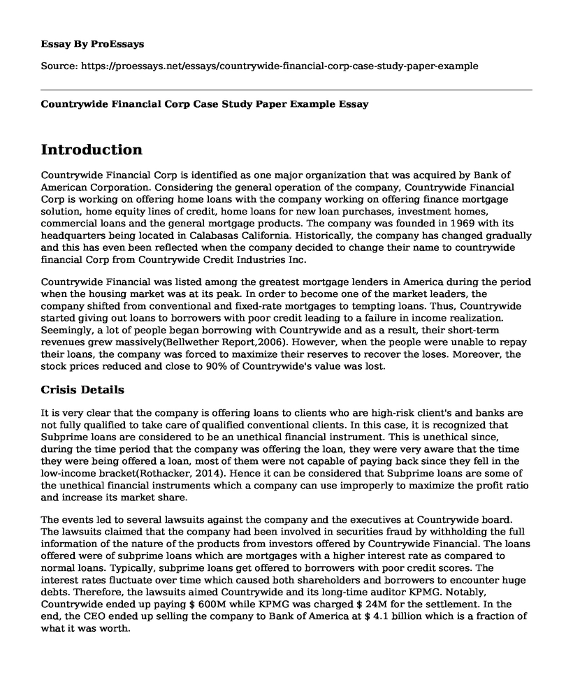 Countrywide Financial Corp Case Study Paper Example