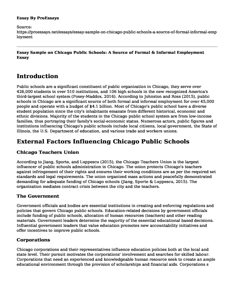 Essay Sample on Chicago Public Schools: A Source of Formal & Informal Employment