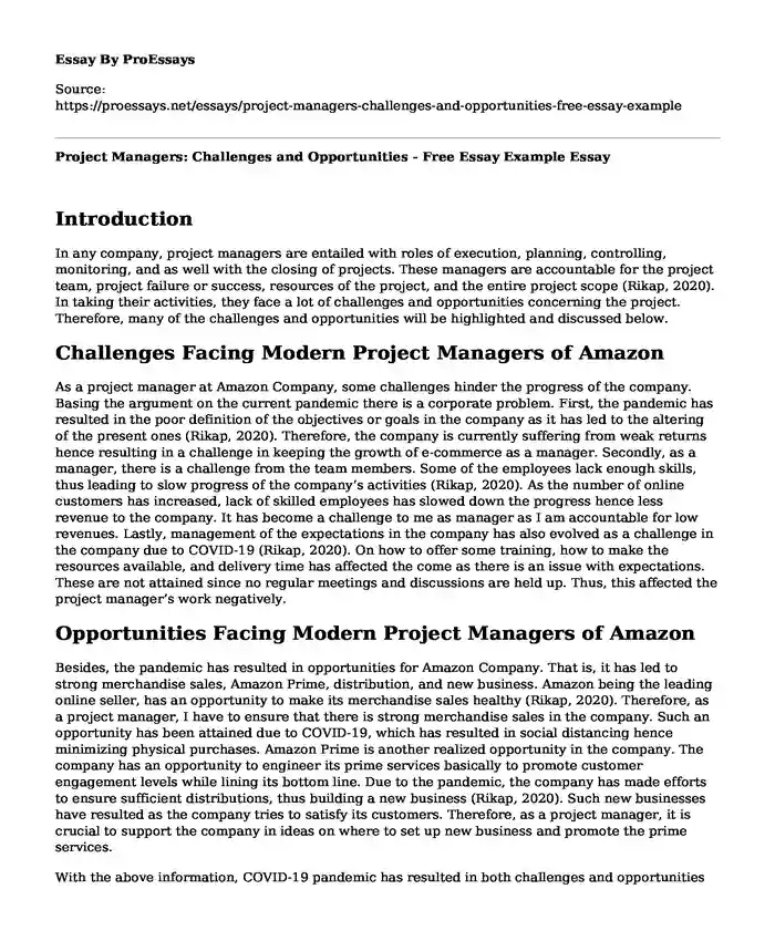 Project Managers: Challenges and Opportunities - Free Essay Example