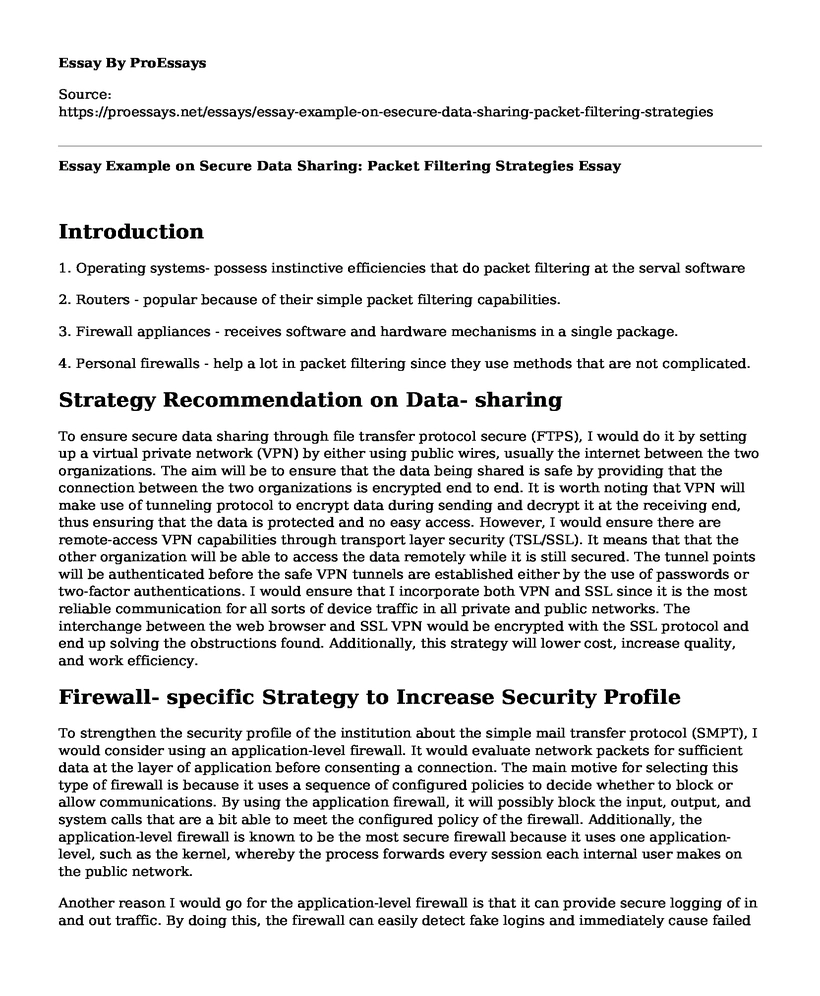 Essay Example on Secure Data Sharing: Packet Filtering Strategies
