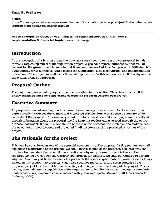 Paper Example on Outdoor Pool Project Proposal: Justification, Aim, Target, implementation & financial Implementation
