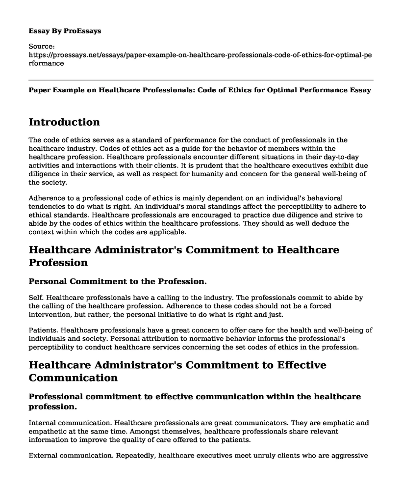 Paper Example on Healthcare Professionals: Code of Ethics for Optimal Performance