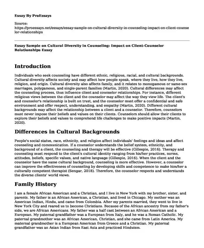 Essay Sample on Cultural Diversity in Counseling: Impact on Client-Counselor Relationships