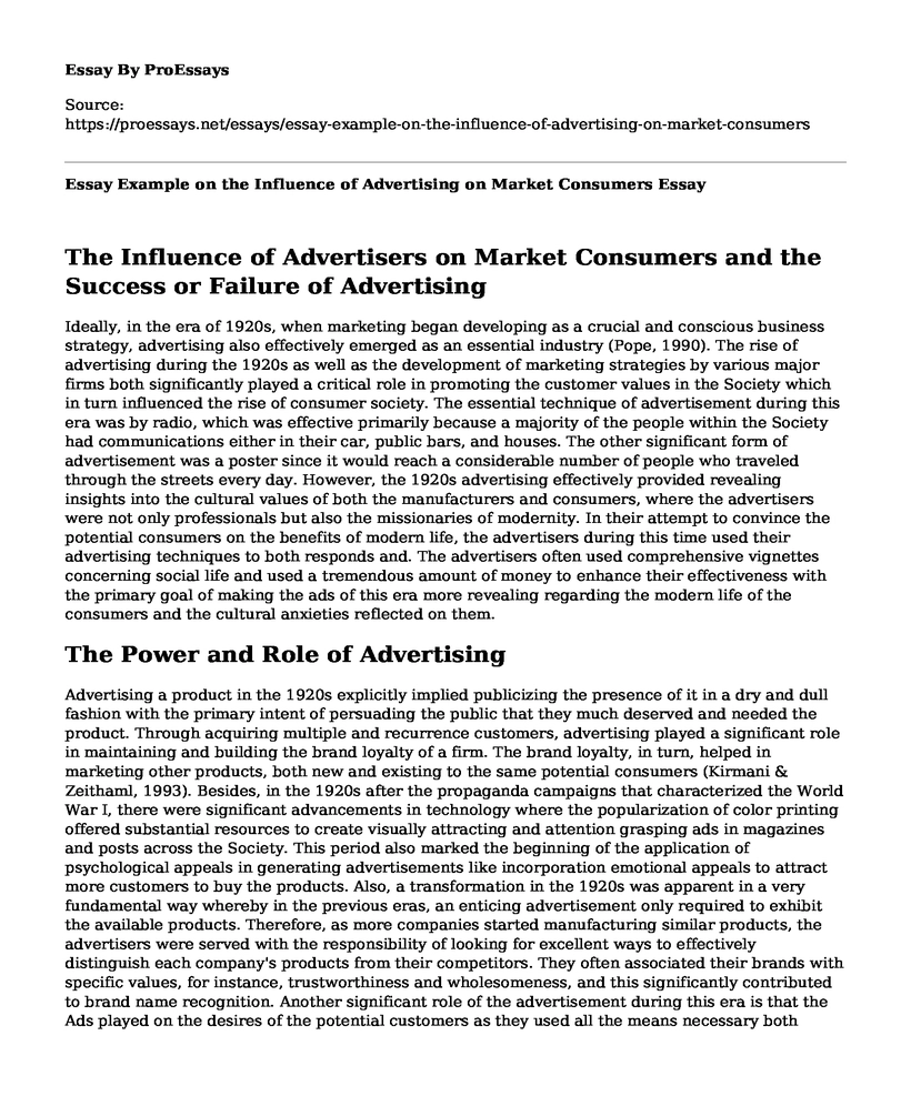 Essay Example on the Influence of Advertising on Market Consumers 