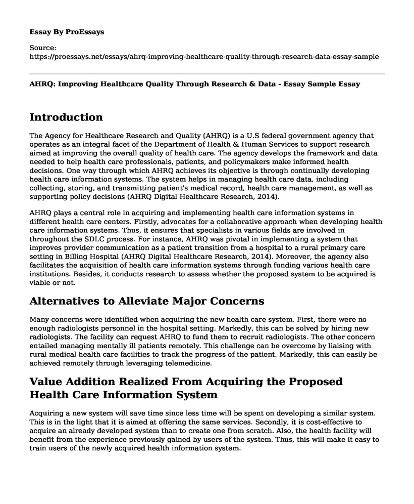 AHRQ: Improving Healthcare Quality Through Research & Data - Essay Sample