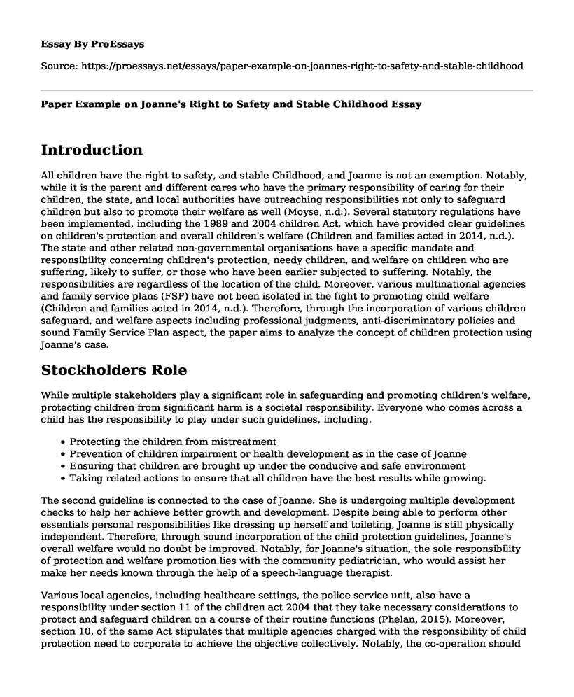 Paper Example on Joanne's Right to Safety and Stable Childhood