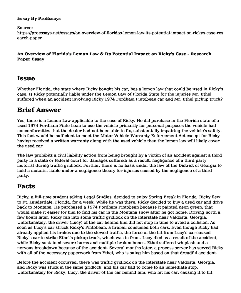 An Overview of Florida's Lemon Law & Its Potential Impact on Ricky's Case - Research Paper