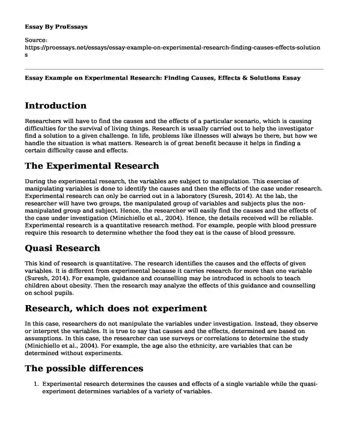 Essay Example on Experimental Research: Finding Causes, Effects & Solutions