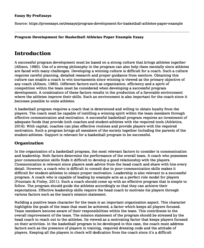 Program Development for Basketball Athletes Paper Example