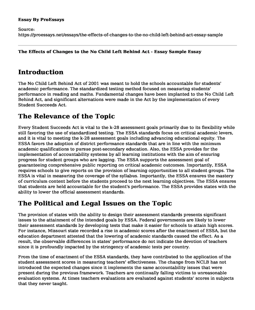 The Effects of Changes to the No Child Left Behind Act - Essay Sample