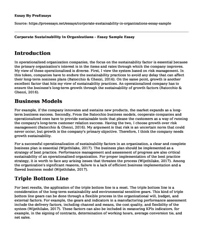 Corporate Sustainability in Organizations - Essay Sample