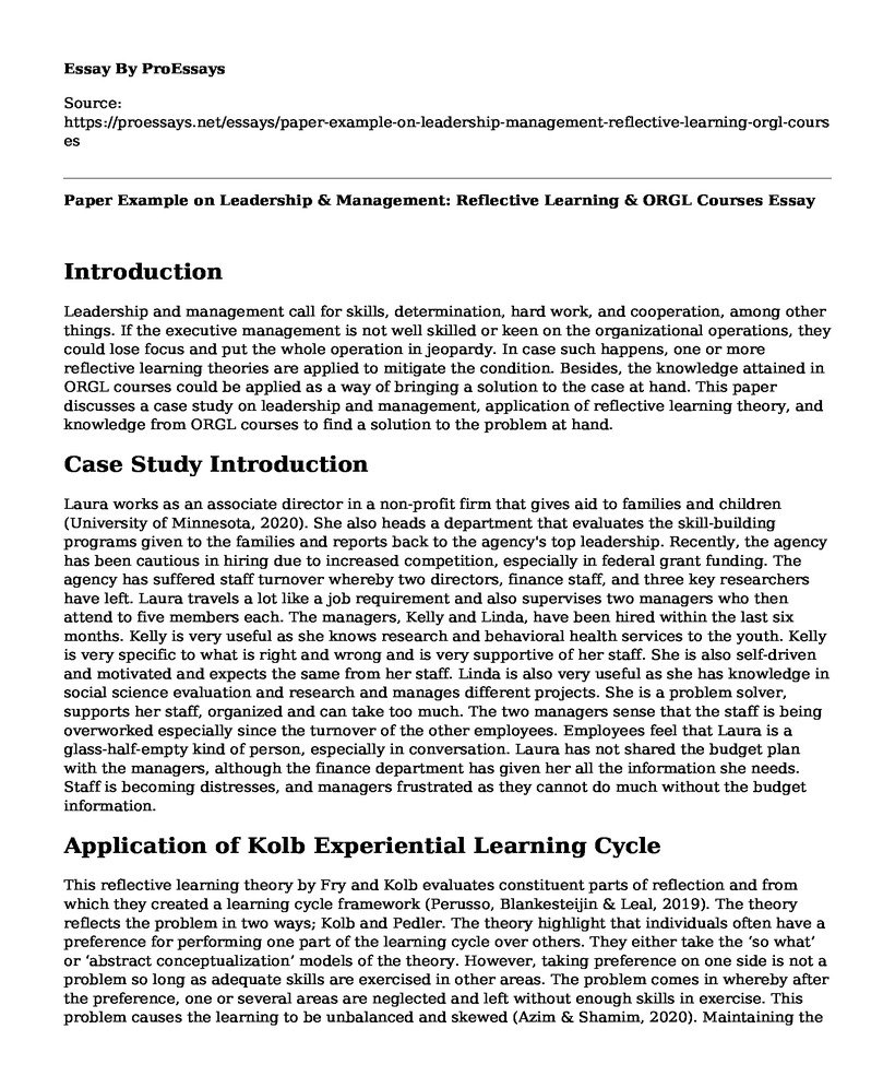 Paper Example on Leadership & Management: Reflective Learning & ORGL Courses