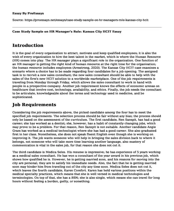 Case Study Sample on HR Manager's Role: Kansas City HCIT