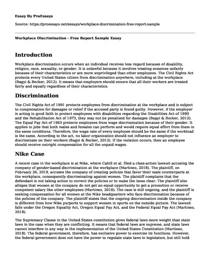 Workplace Discrimination - Free Report Sample