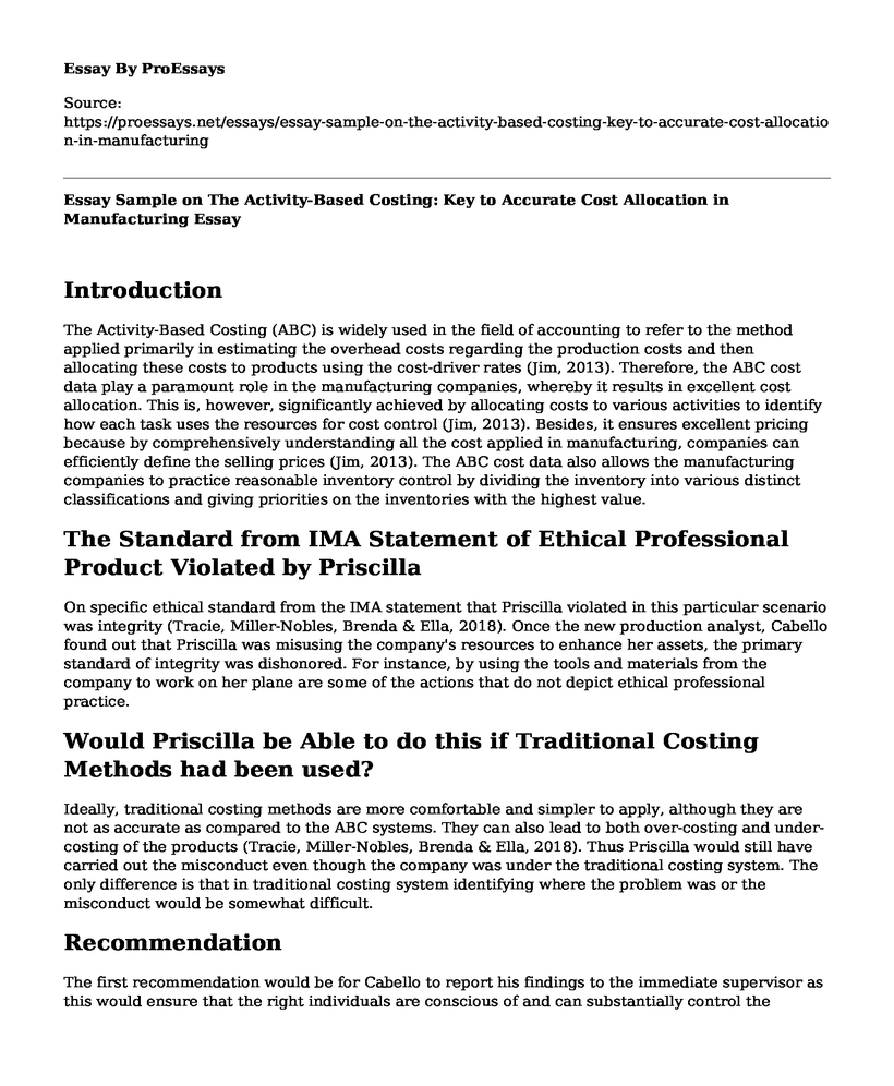 Essay Sample on The Activity-Based Costing: Key to Accurate Cost Allocation in Manufacturing