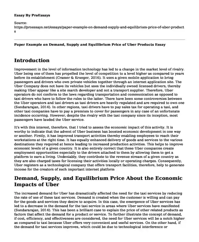 Paper Example on Demand, Supply and Equilibrium Price of Uber Products