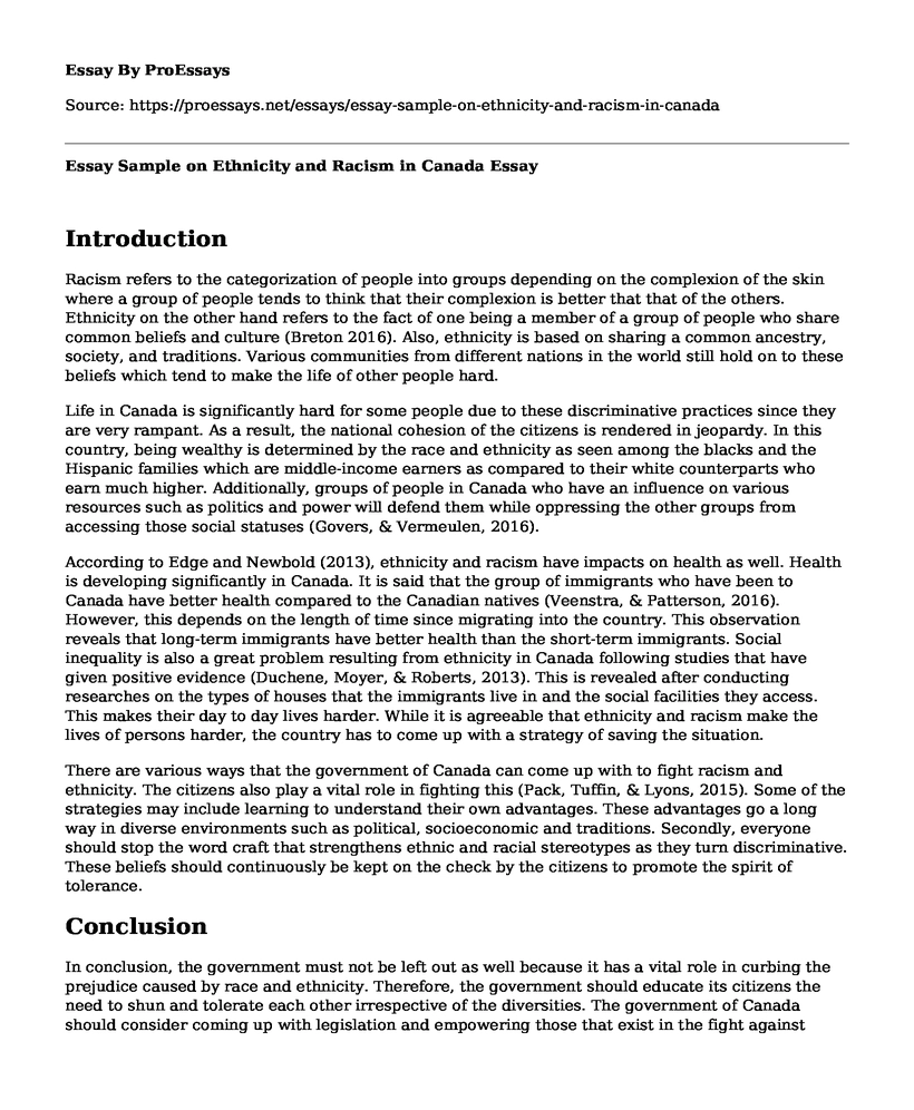Essay Sample on Ethnicity and Racism in Canada