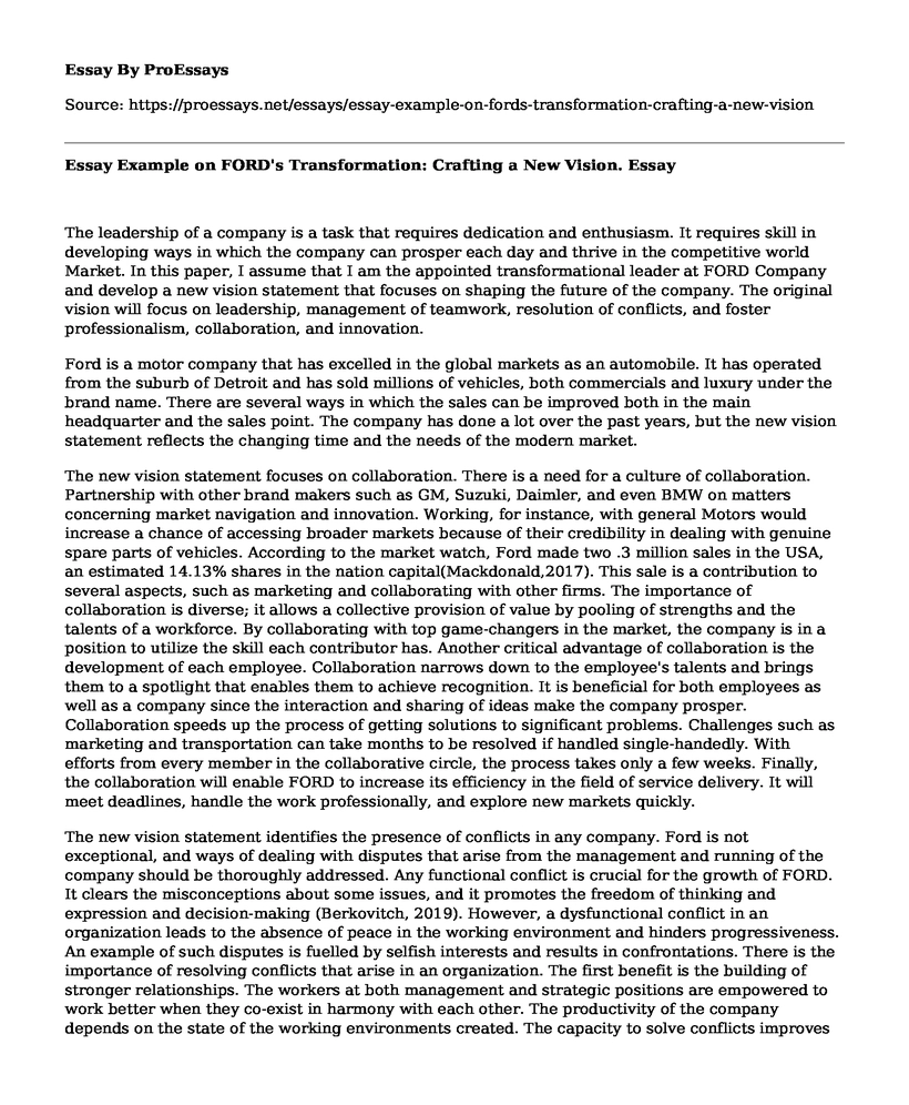 Essay Example on FORD's Transformation: Crafting a New Vision.