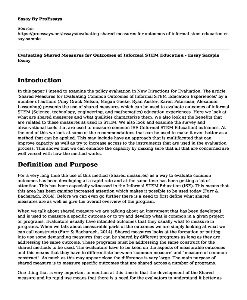 Evaluating Shared Measures for Outcomes of Informal STEM Education - Essay Sample