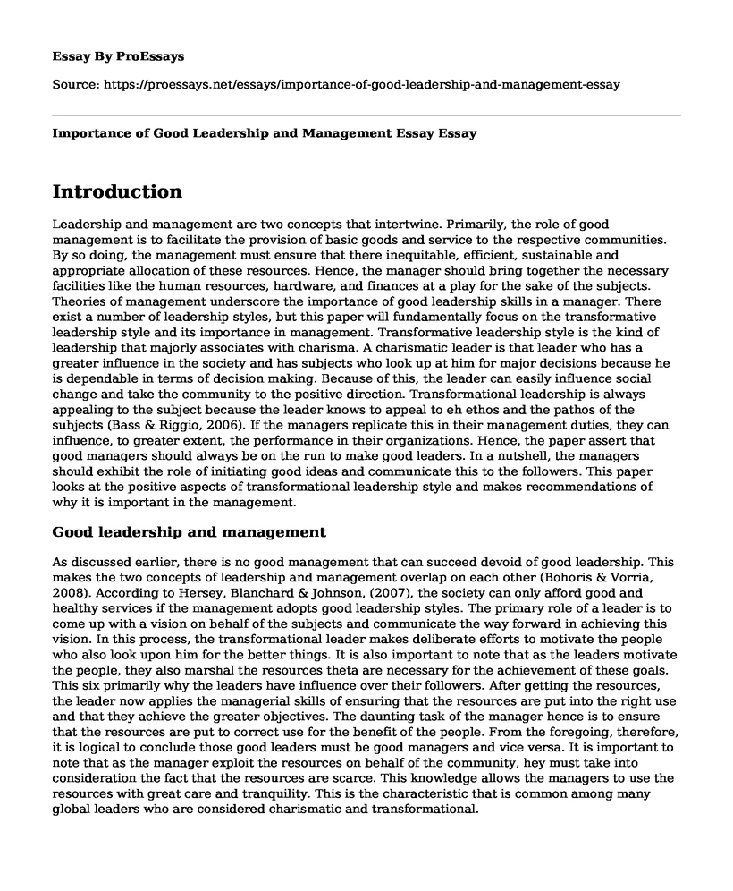 Importance of Good Leadership and Management Essay