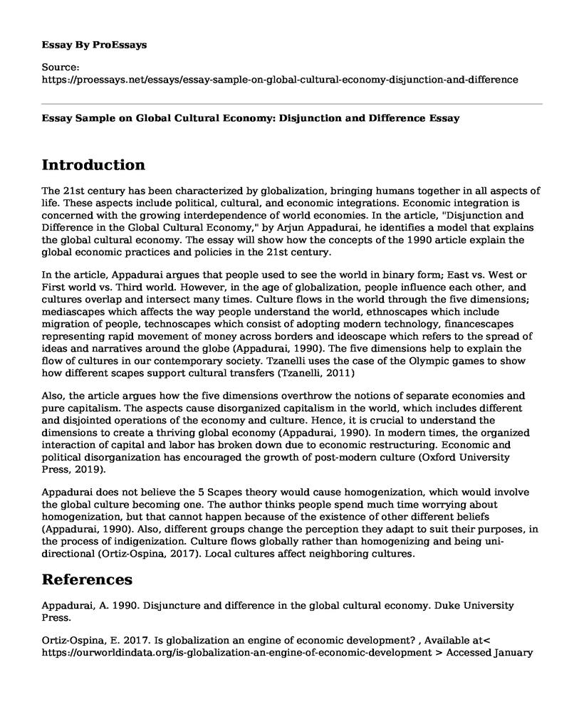 Essay Sample on Global Cultural Economy: Disjunction and Difference