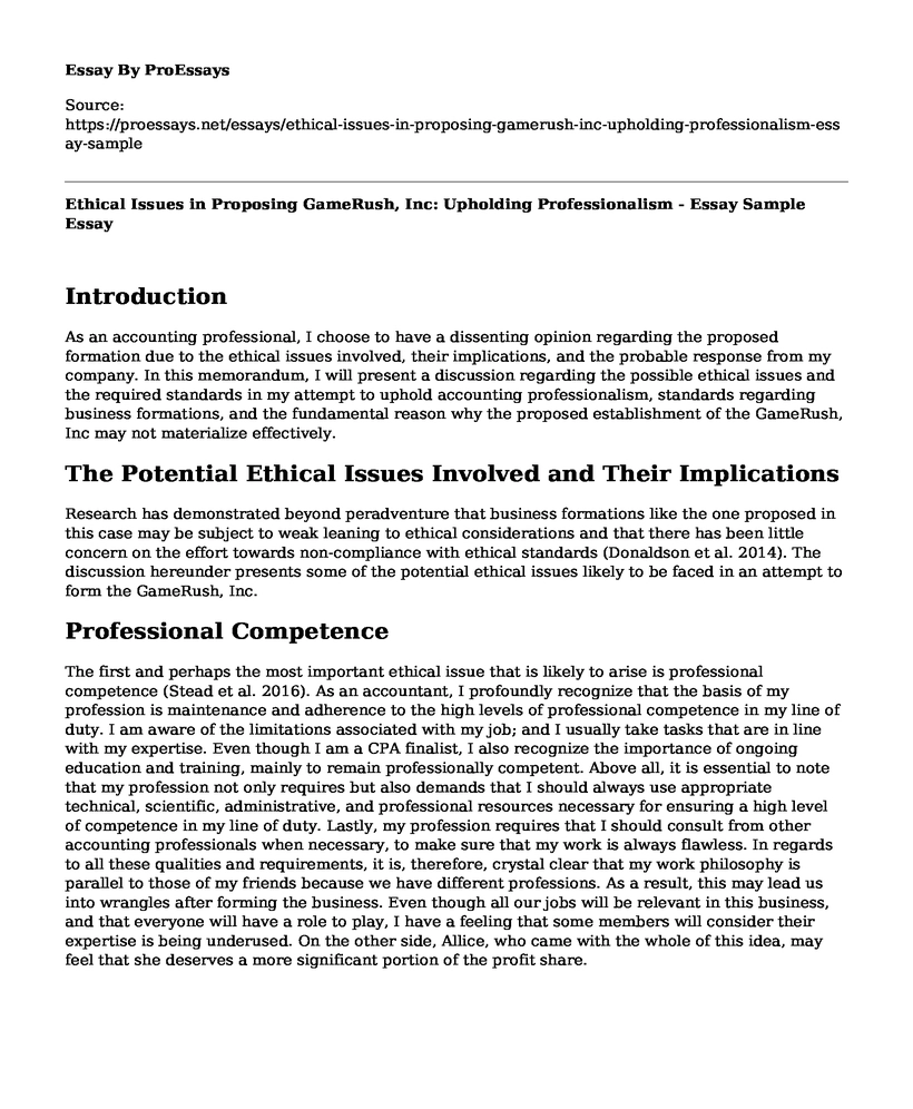 Ethical Issues in Proposing GameRush, Inc: Upholding Professionalism - Essay Sample