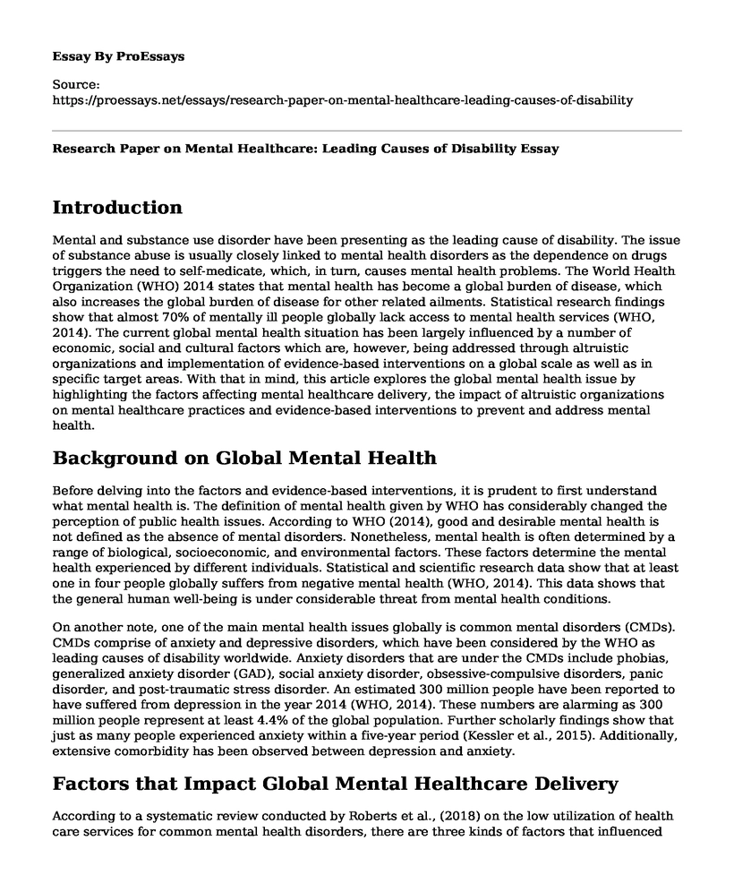 Research Paper on Mental Healthcare: Leading Causes of Disability