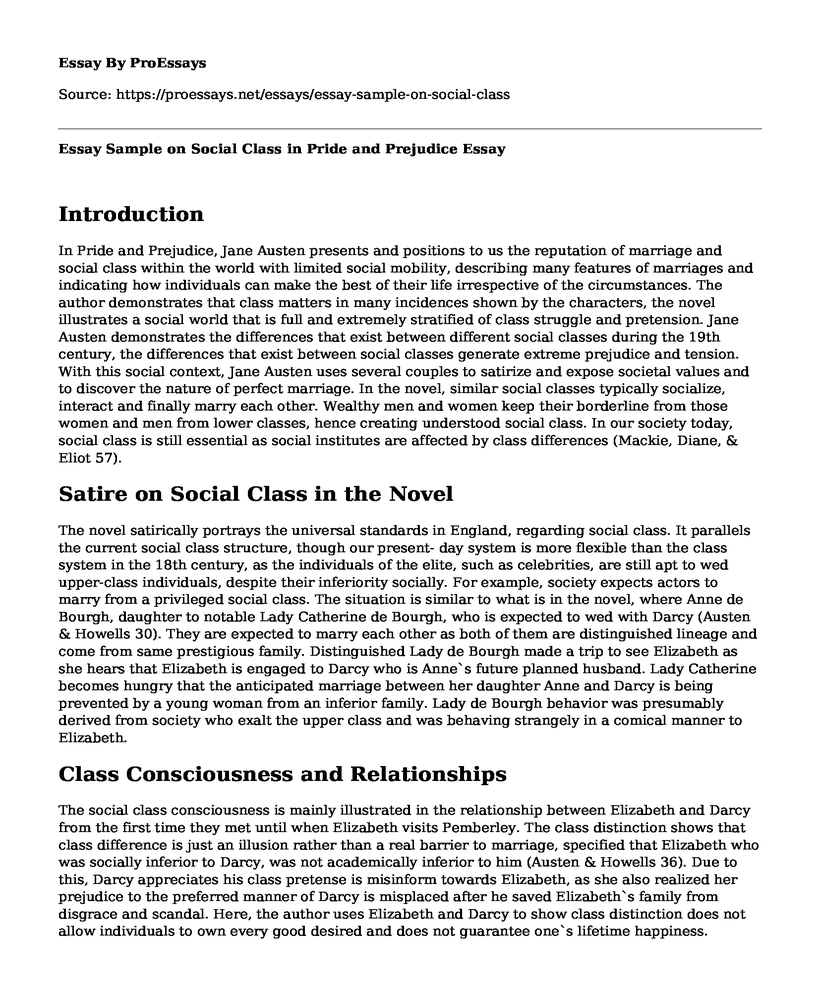 Essay Sample on Social Class in Pride and Prejudice