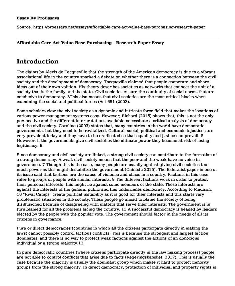 Affordable Care Act Value Base Purchasing - Research Paper