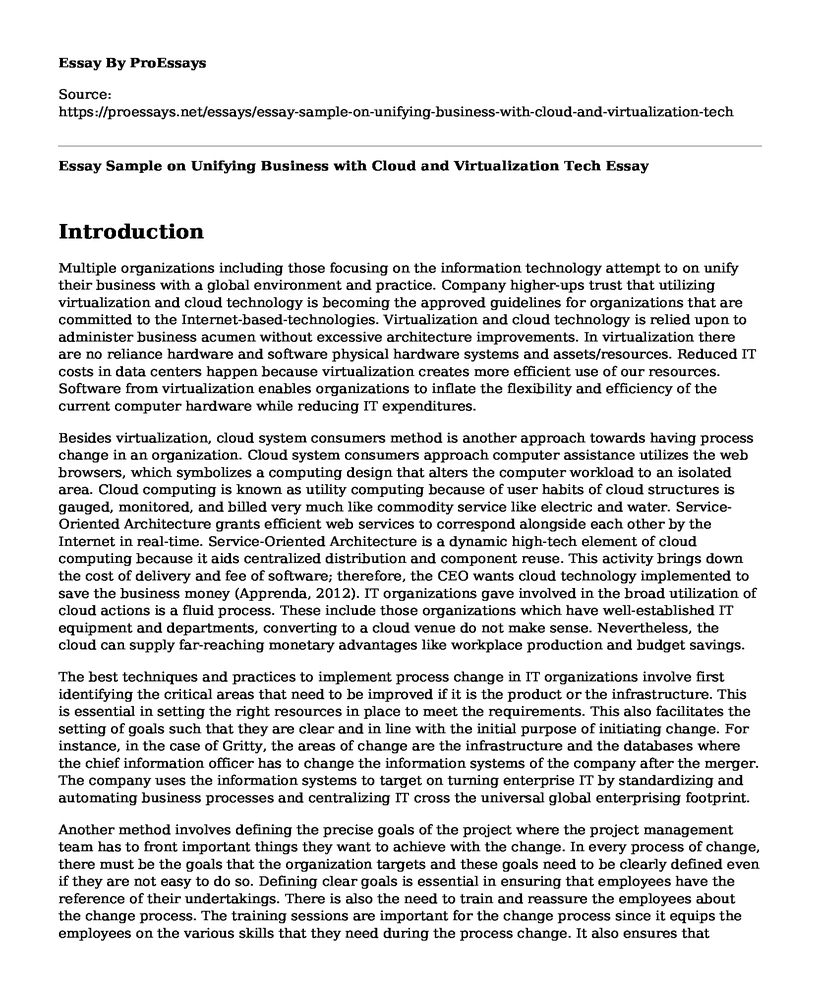 Essay Sample on Unifying Business with Cloud and Virtualization Tech