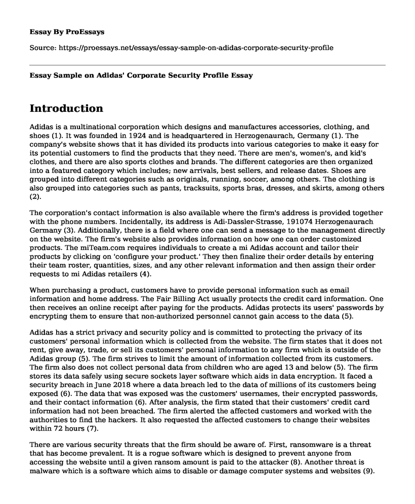 Essay Sample on Adidas' Corporate Security Profile