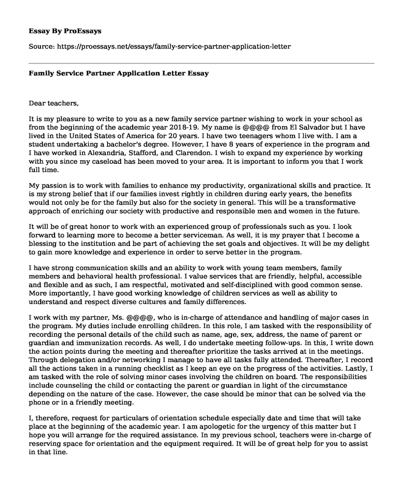 Family Service Partner Application Letter