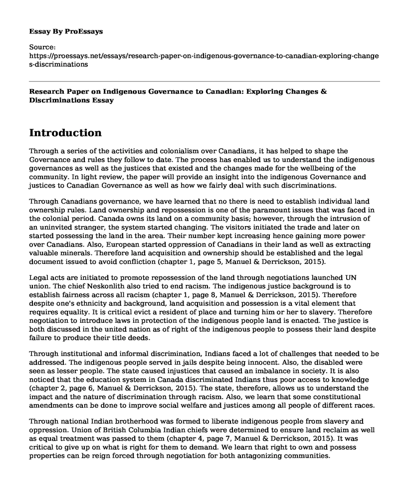 Research Paper on Indigenous Governance to Canadian: Exploring Changes & Discriminations