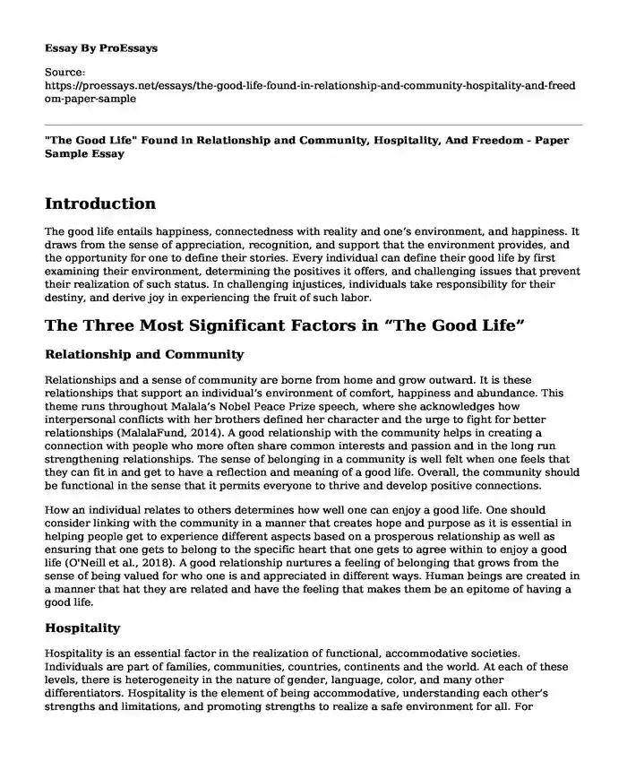 "The Good Life" Found in Relationship and Community, Hospitality, And Freedom - Paper Sample