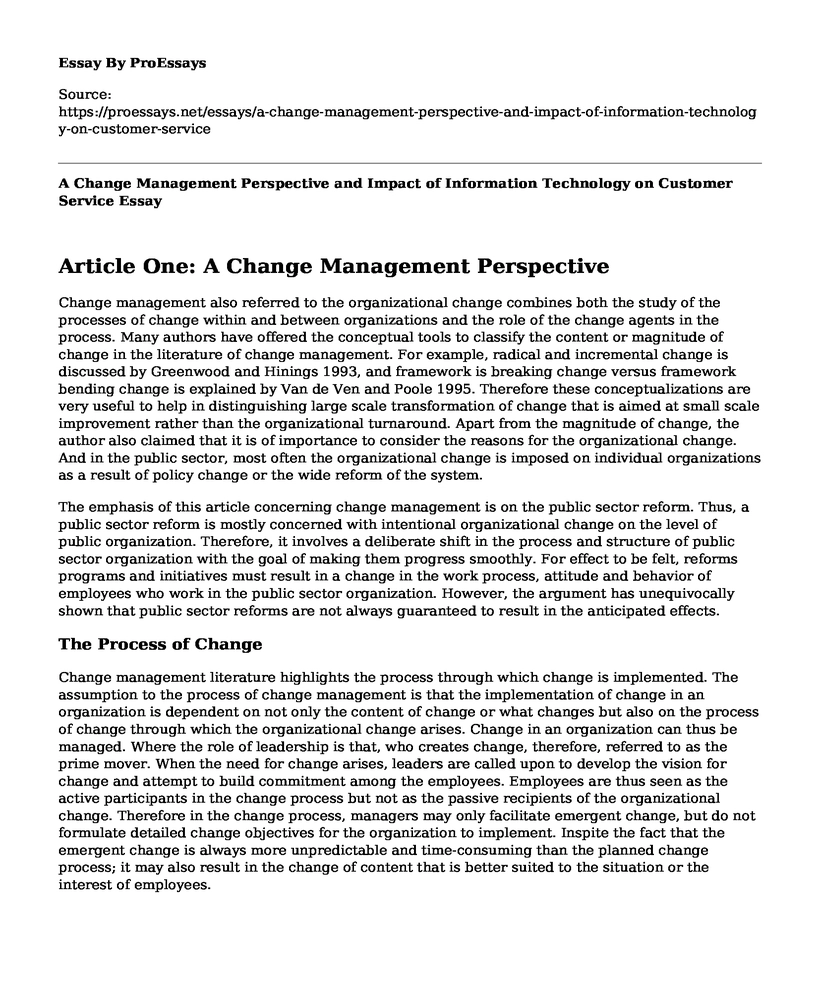 A Change Management Perspective and Impact of Information Technology on Customer Service