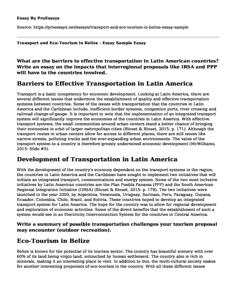 Transport and Eco-Tourism in Belize - Essay Sample