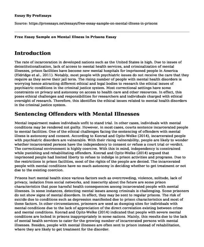 Free Essay Sample on Mental Illness in Prisons