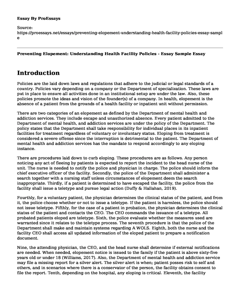 Preventing Elopement: Understanding Health Facility Policies - Essay Sample